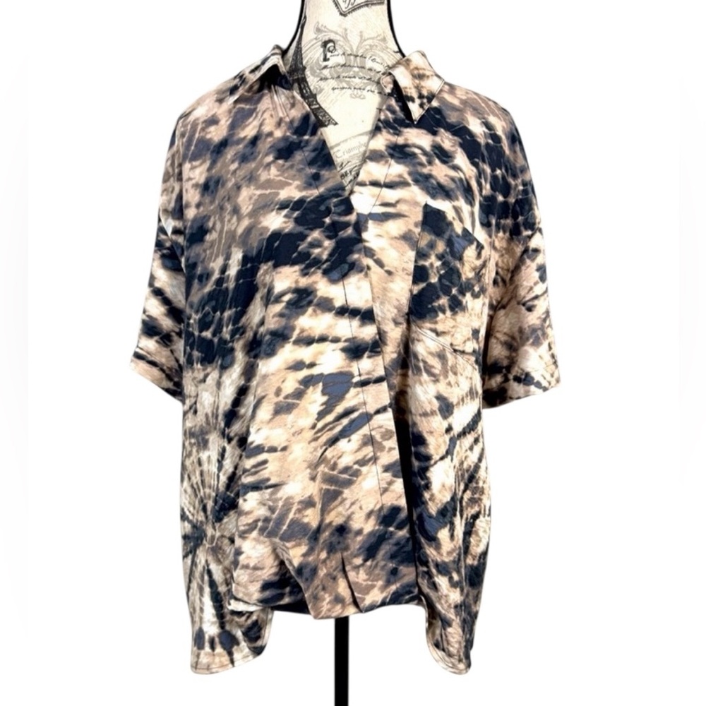 Simply Vera Vera Wang Casual Tie-Dye Shirt Asymmetrical Hem- Brown/Tan Size XL